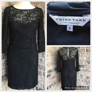 Trina Turk Black Long Sleeves Lace Dress 0
